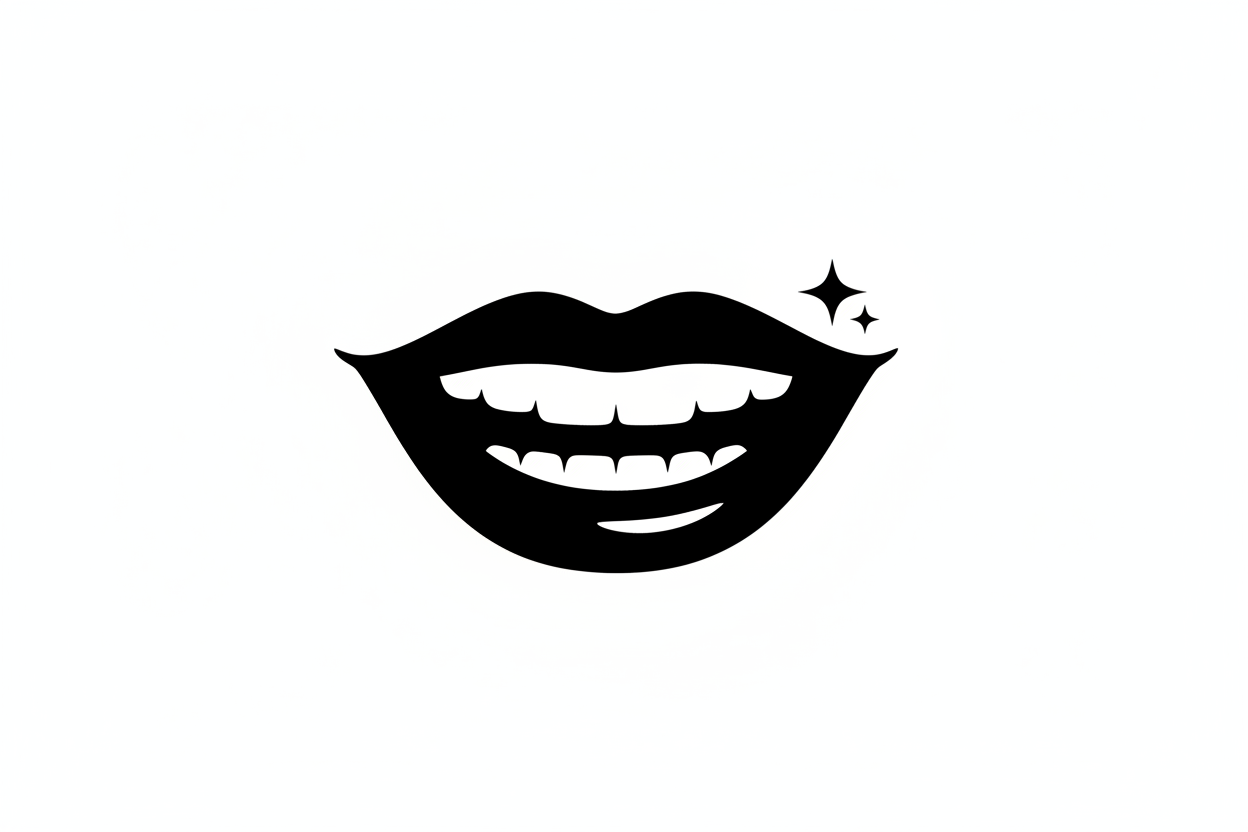Create a black icon on white background featuring a smiling mouth with a sparkle to represent confidence and a bright smile. Minimal, premium, no text.