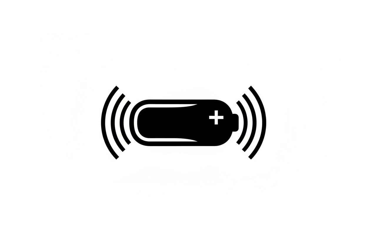 Create a minimalist black icon of a battery or battery with sound waves, representing long-lasting power and reliability, no text, white background, large and high-resolution, simple luxury style, clean lines.
