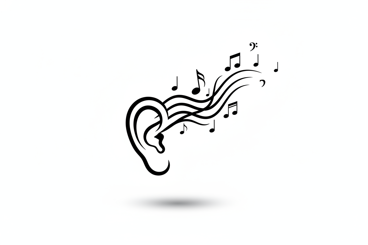 Create a minimalist black icon of an ear with sound waves or musical notes, representing clear hearing and rediscovering sounds, no text, white background, large and high-resolution, simple luxury style, clean lines.
