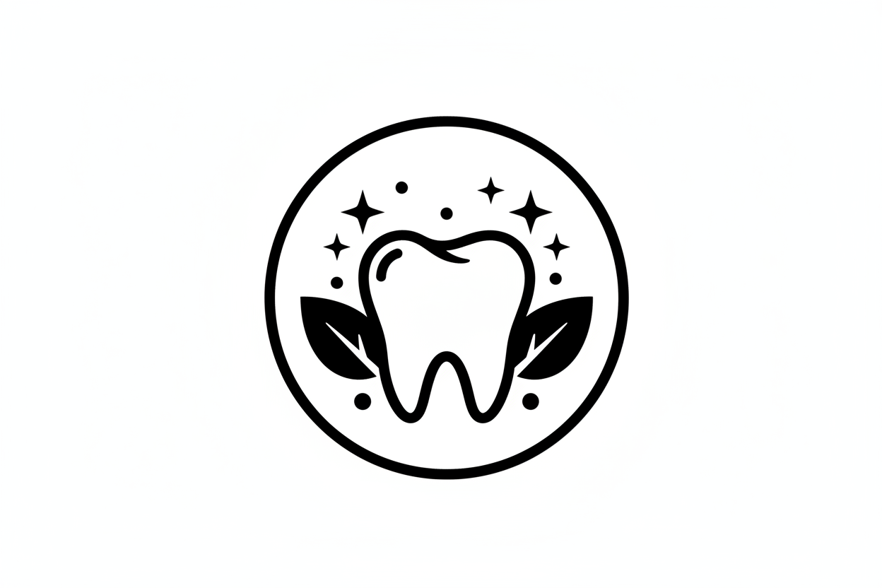 Create a simple black icon on a white background showing mint leaves or small sparkles around a tooth to represent freshness. Clean, minimal, modern. No text.