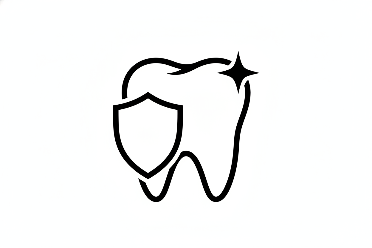 Create a simple, clean black icon on a white background showing a tooth with a sparkle and a small shield overlay on one side. The sparkle should represent whitening, and the shield should represent tooth strength. No text, no color other than black. Minimal, premium, and modern design.