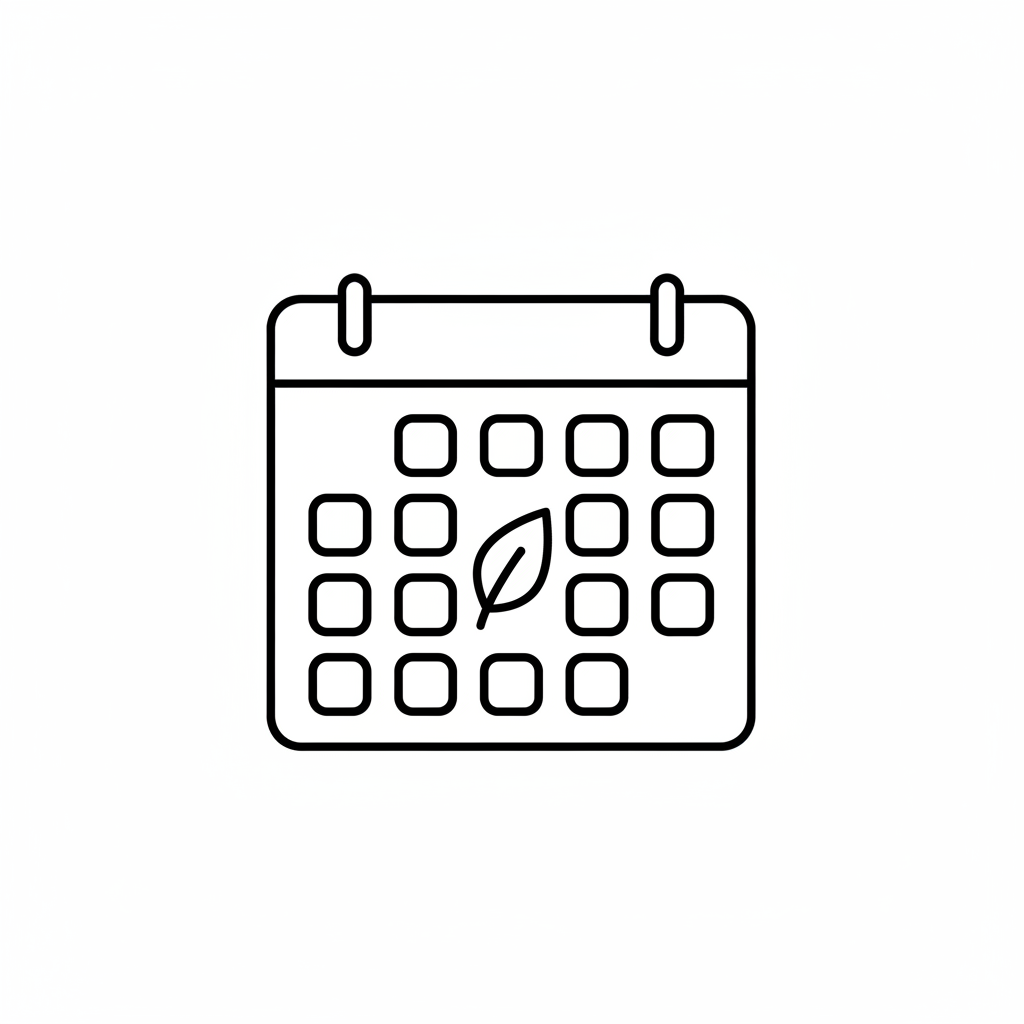 Minimal black line icon of a calendar with a subtle checkmark or soft leaf symbol to suggest everyday use. Simple, elegant outline. Flat 2D vector design. Rounded strokes. No text, no gradients, no shading. White background. Premium skincare visual language.