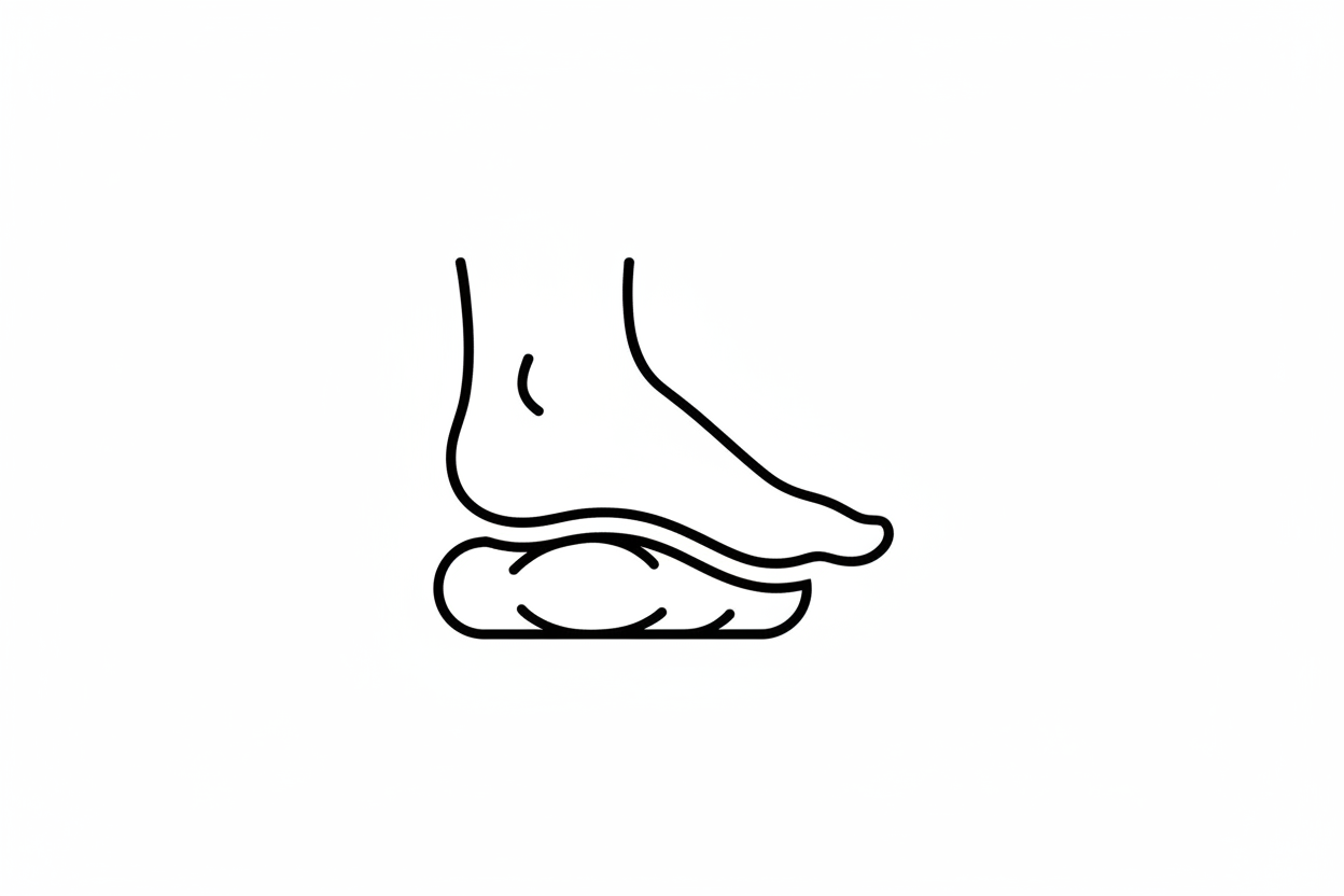 Minimal black line icon of a comfortable foot with a soft cushion underneath, symbolizing daily comfort and all-day wear, medical premium style, no text, white background, clean UI icon.”