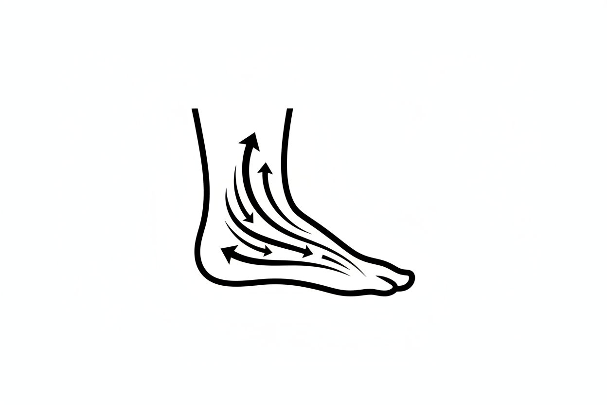 Minimal black line icon of a foot with flowing blood circulation arrows inside it, symbolizing improved blood flow and circulation support, medical style, no text, white background, premium clean icon.”
