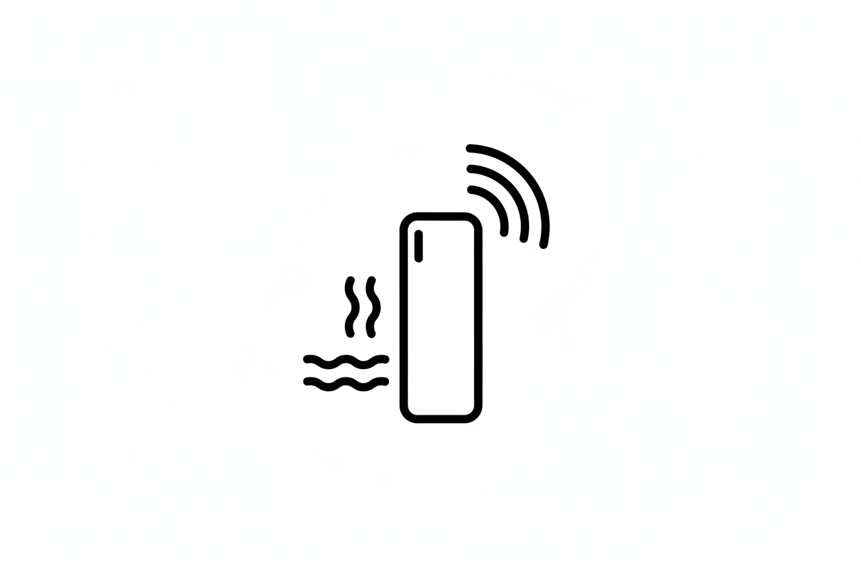 Minimal black line icon of a small remote control with signal waves, symbolizing wireless remote heating control, clean modern tech style, no text, white background, premium product icon.