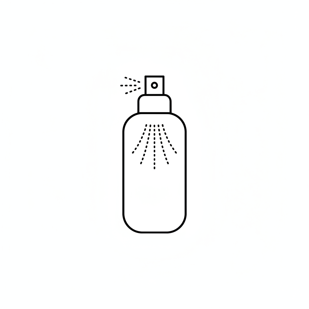 Minimal black line icon of a spray bottle releasing a fine mist downward. Clean geometric outline. Balanced proportions. Flat 2D vector style. Rounded strokes. No text, no color fills, no gradients. Centered on pure white background. Luxury skincare icon style.