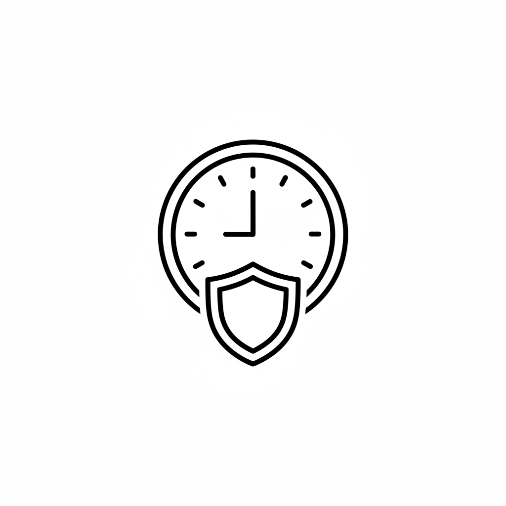 Minimal black outline icon of a clock combined with a subtle shield symbol to represent all-day support, clean flat vector style, smooth rounded lines, no text, no shadows or gradients, centered on white background, modern premium aesthetic”