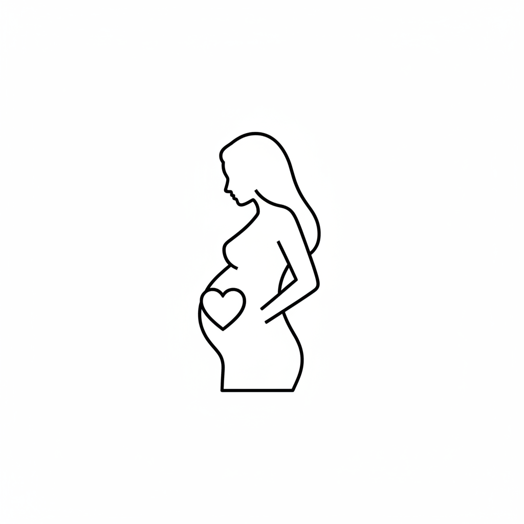 Minimal black outline icon of a pregnant woman silhouette with a gentle heart symbol, clean flat design, smooth rounded lines, no text, no shading, no gradients, centered composition, white background, modern healthcare style, premium and calming appearance”