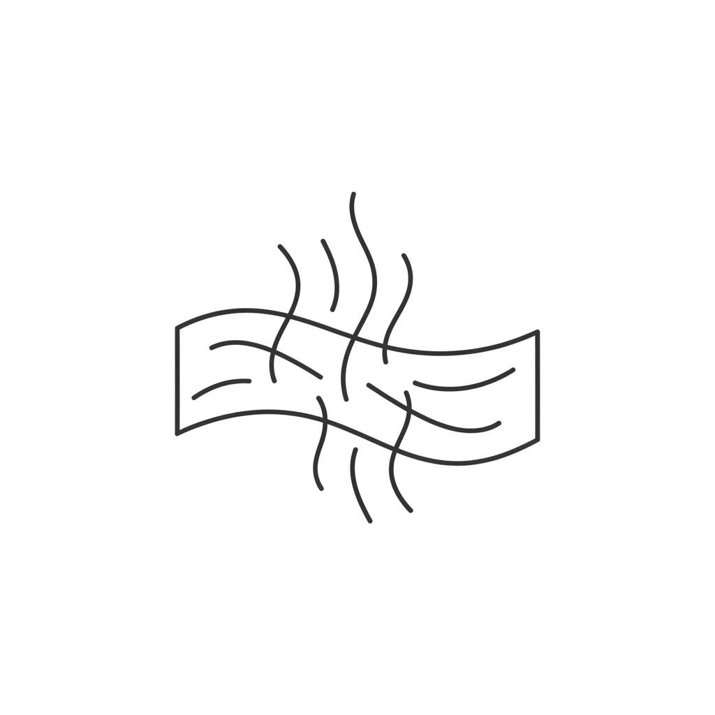 Minimal black outline icon representing airflow through fabric using soft curved air lines, clean flat design, balanced spacing, thin stroke, no text, no gradients, white background, premium and lightweight feel”