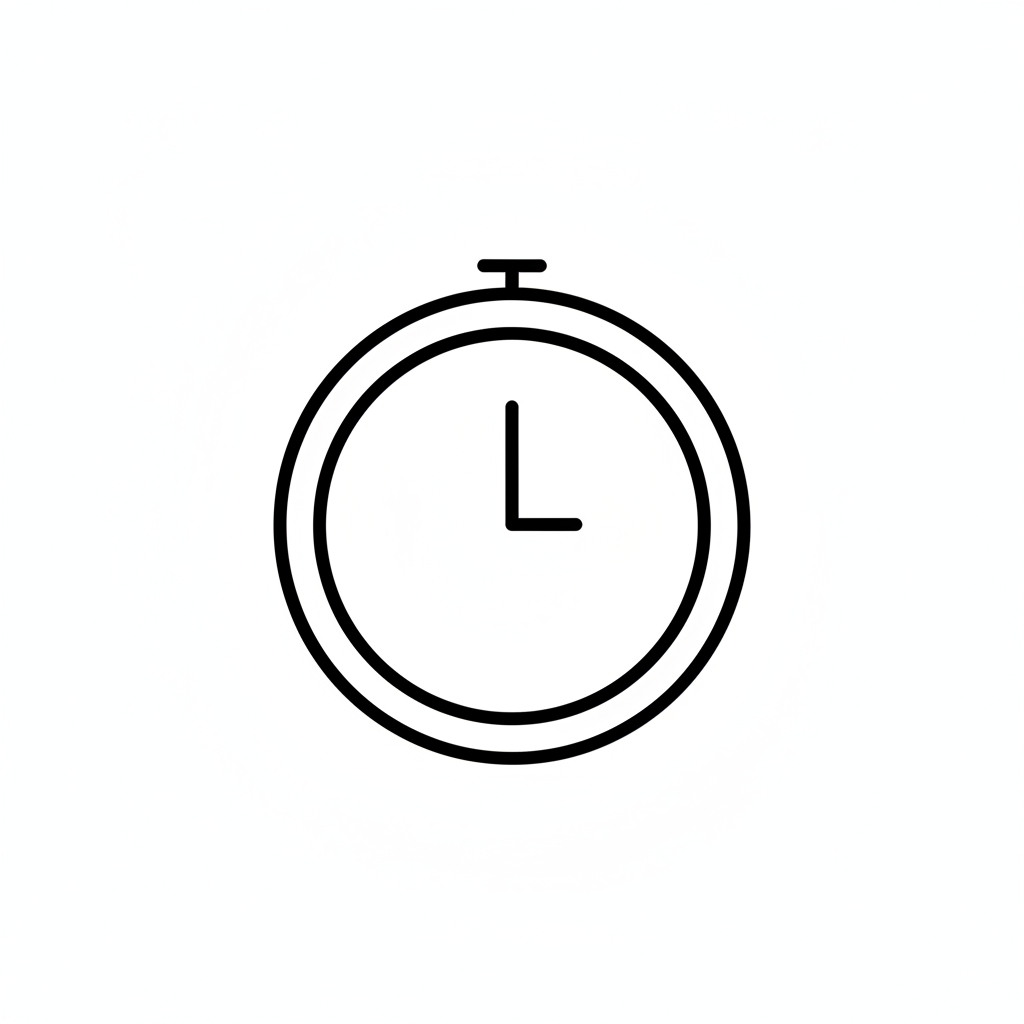 Minimal outline icon of a timer showing short duration.
Black line art, white background, no numbers or text.