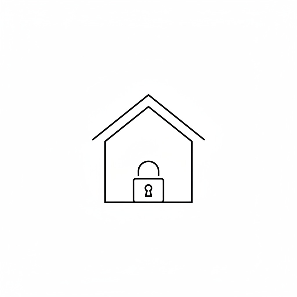 Outline icon of a house with subtle lock or heart element.
Black line icon, white background, clean and discreet style.